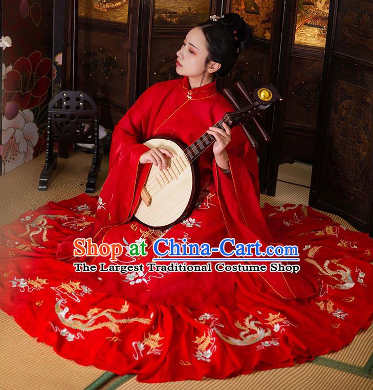 Chinese Ancient Ming Dynasty Wedding Costumes Traditional Noble Lady Hanfu Garment Embroidered Red Long Blouse and Skirt Full Set