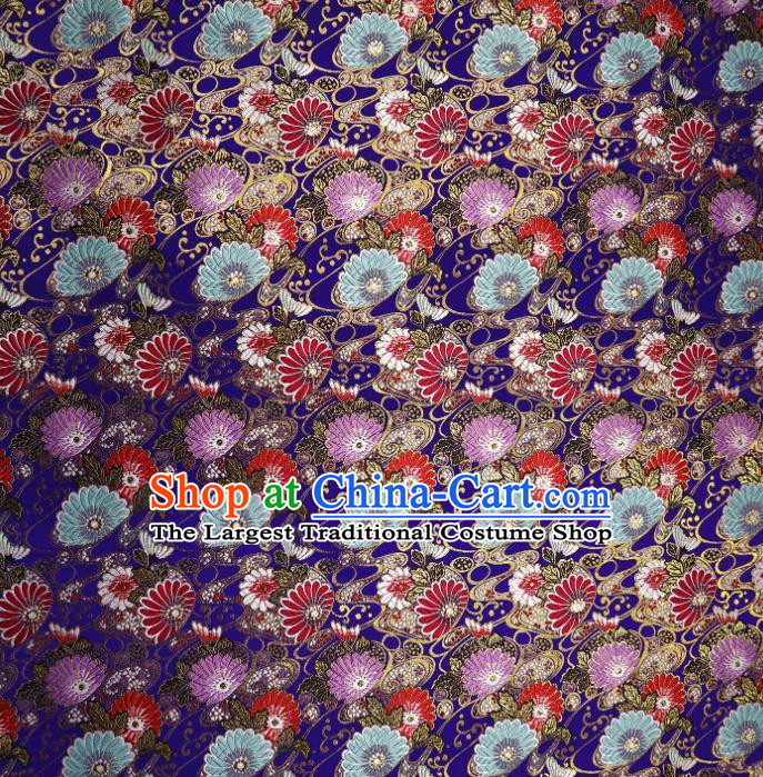 Japanese Traditional Daisy Pattern Royalblue Brocade Cloth Kimono Belt Tapestry Satin Fabric Asian Top Quality Nishijin Material