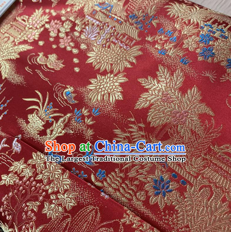 Chinese Cheongsam Classical Scenery Pattern Design Red Song Brocade Fabric Asian Traditional Tapestry Satin Material DIY Court Cloth Damask