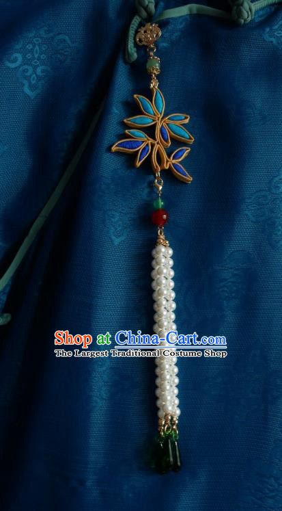 Chinese Classical Cheongsam Blue Silk Bamboo Leaf Brooch Traditional Hanfu Accessories Handmade Pearls Tassel Breastpin Pendant for Women