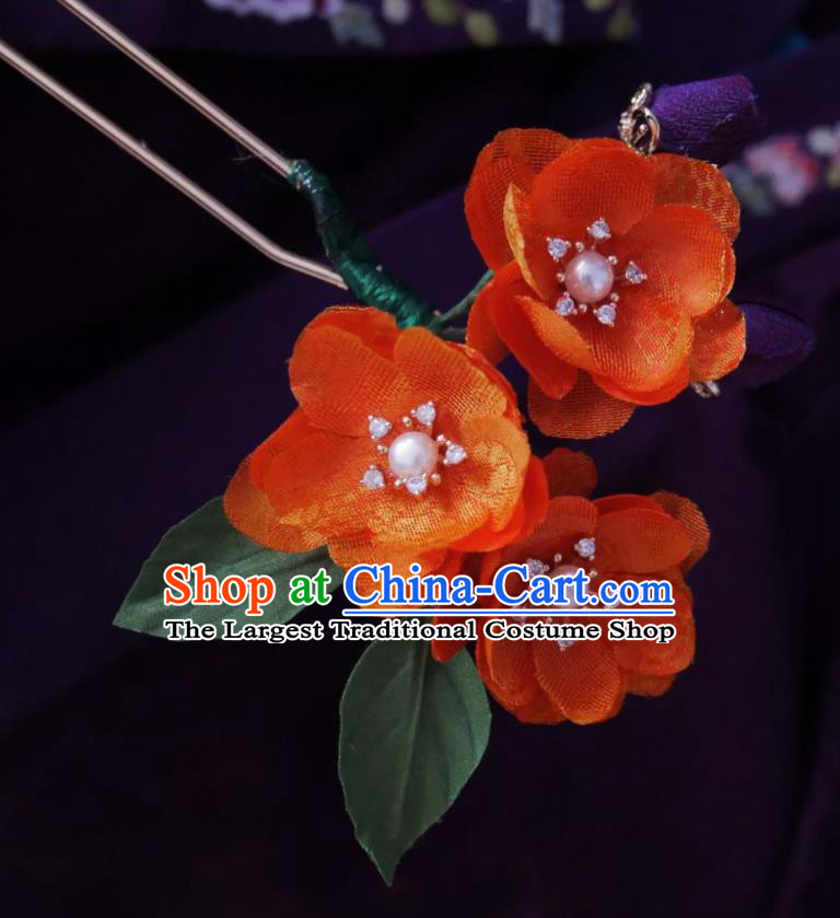 Handmade Chinese Orange Silk Begonia Hairpins Traditional Hanfu Hair Accessories Hair Clip for Women