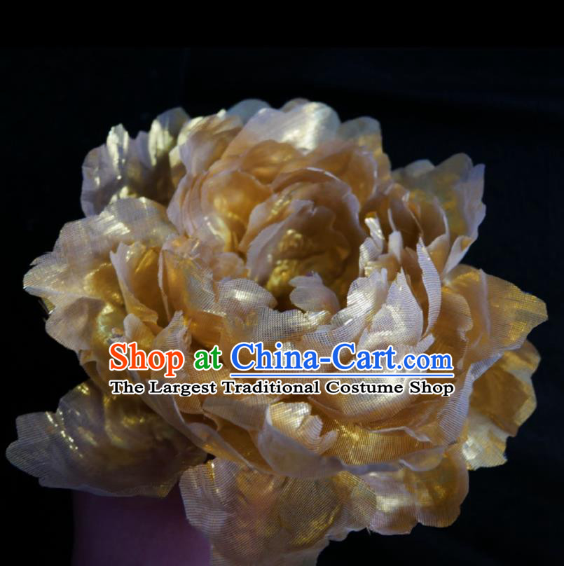 Handmade Chinese Golden Silk Peony Hairpins Traditional Hanfu Hair Accessories Ancient Tang Dynasty Hair Clip for Women