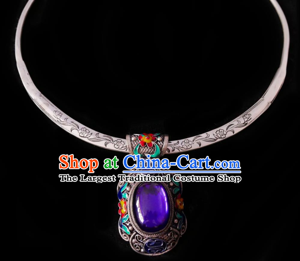 Chinese Handmade Amethyst Necklace Traditional Hanfu Jewelry Accessories Cloisonne Silver Necklet for Women