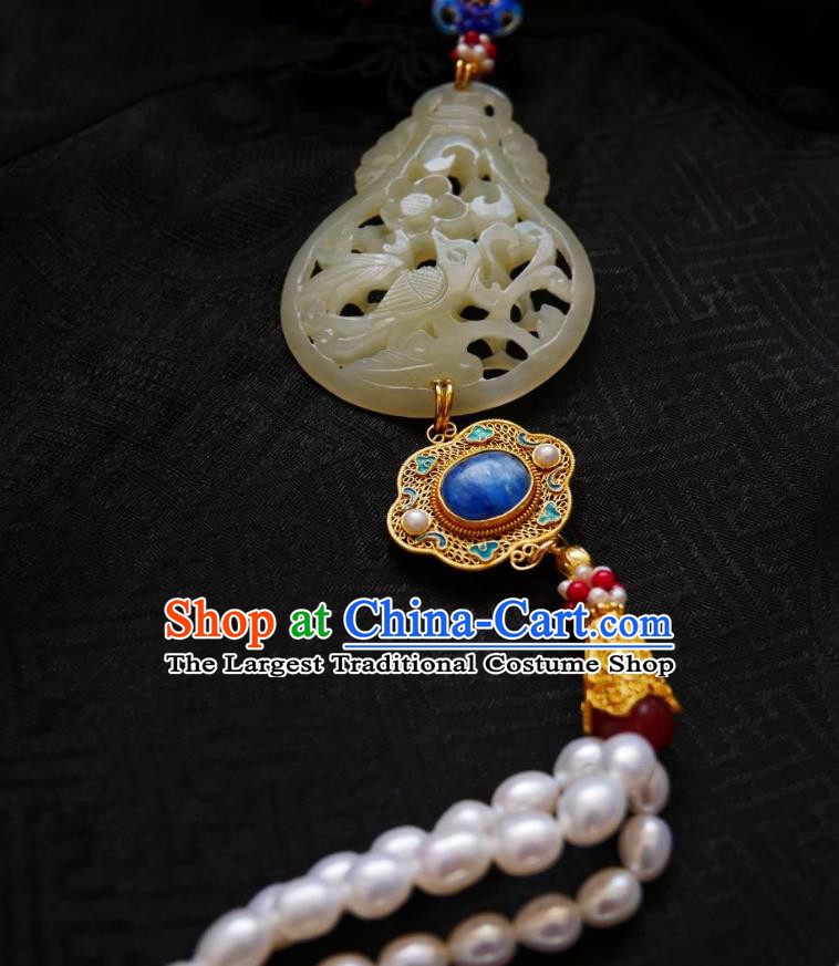 Chinese Classical Cheongsam Jade Cucurbit Brooch Traditional Hanfu Accessories Handmade Breastpin Pearls Tassel Pendant for Women