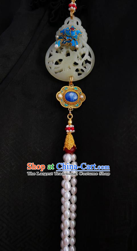 Chinese Classical Cheongsam Jade Cucurbit Brooch Traditional Hanfu Accessories Handmade Breastpin Blue Peony Pearls Tassel Pendant for Women