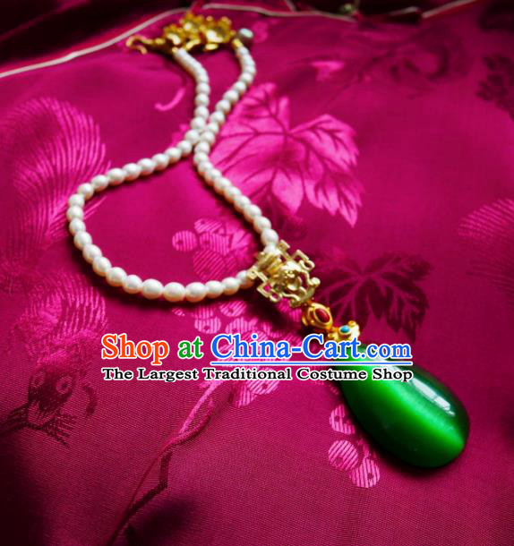 Chinese Handmade Pearls Necklace Traditional Hanfu Jewelry Accessories Green Opal Necklet for Women