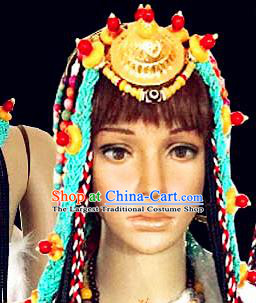 Chinese Traditional Tibetan Nationality Folk Dance Blue Sennit Hair Accessories Decoration Handmade Zang Ethnic Stage Show Golden Headdress for Women