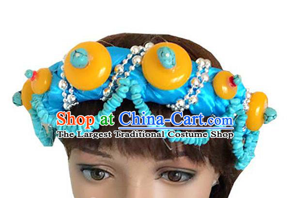 Chinese Traditional Tibetan Nationality Blue Hair Clasp Decoration Handmade Zang Ethnic Stage Show Headdress Hair Accessories for Women