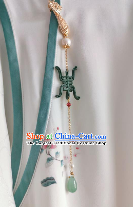 Chinese Classical Cheongsam Green Silk Longevity Brooch Traditional Hanfu Accessories Handmade Aventurine Tassel Breastpin Pendant for Women