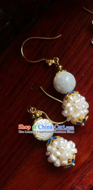 Chinese Handmade Qing Dynasty Shell Carving Earrings Traditional Hanfu Ear Jewelry Accessories Classical White Pearls Eardrop for Women