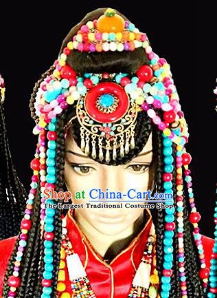 Chinese Traditional Tibetan Nationality Colorful Beads Hair Clasp Decoration Handmade Zang Ethnic Headdress Bride Tassel Hair Accessories for Women