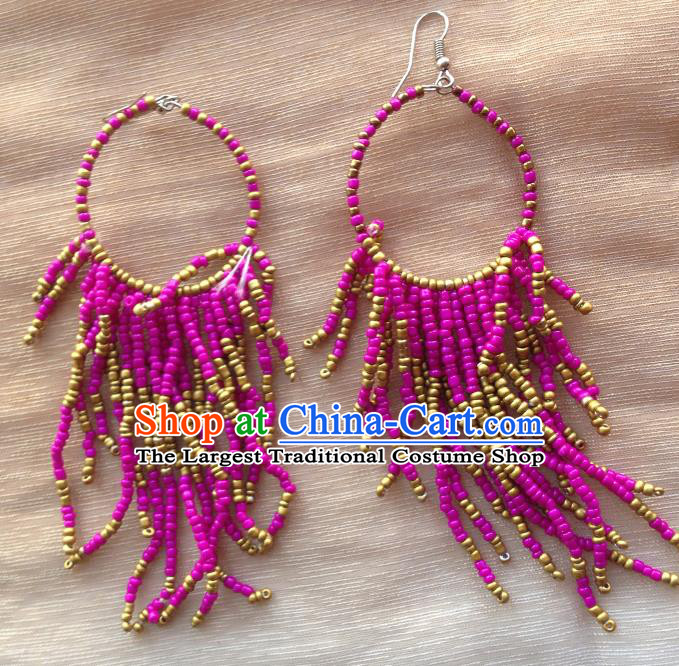 Traditional Chinese Zang Ethnic Purple Beads Tassel Earrings Folk Dance Ear Accessories Handmade Tibetan Nationality Eardrop for Women