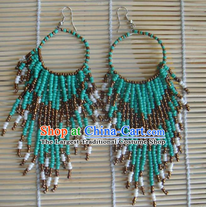 Traditional Chinese Zang Ethnic Green Beads Tassel Earrings Folk Dance Ear Accessories Handmade Tibetan Nationality Eardrop for Women