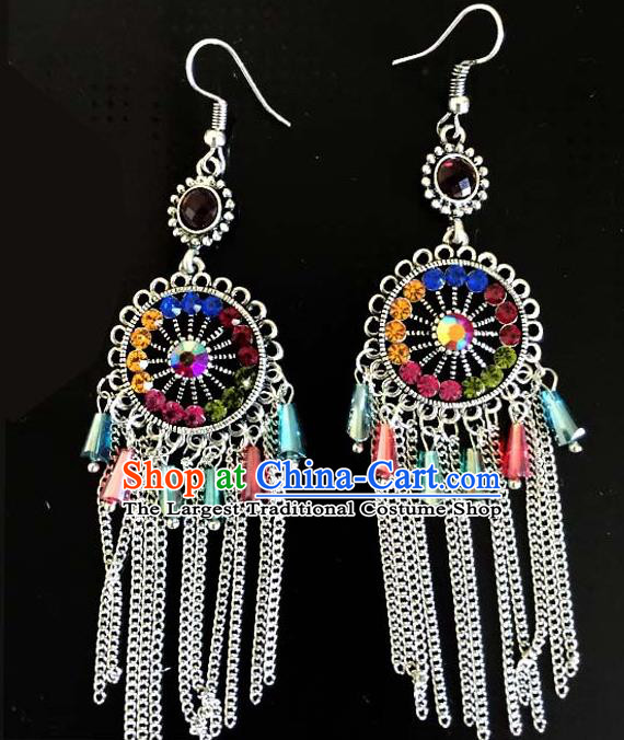 Traditional Chinese Zang Ethnic Colorful Sequins Earrings Folk Dance Ear Accessories Handmade Tibetan Nationality Tassel Eardrop for Women