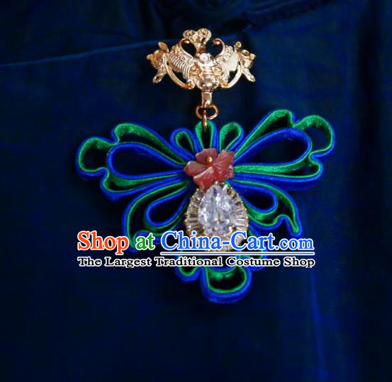 Chinese Classical Crystal Brooch Traditional Hanfu Cheongsam Accessories Handmade Blue Silk Butterfly Breastpin Pendant for Women