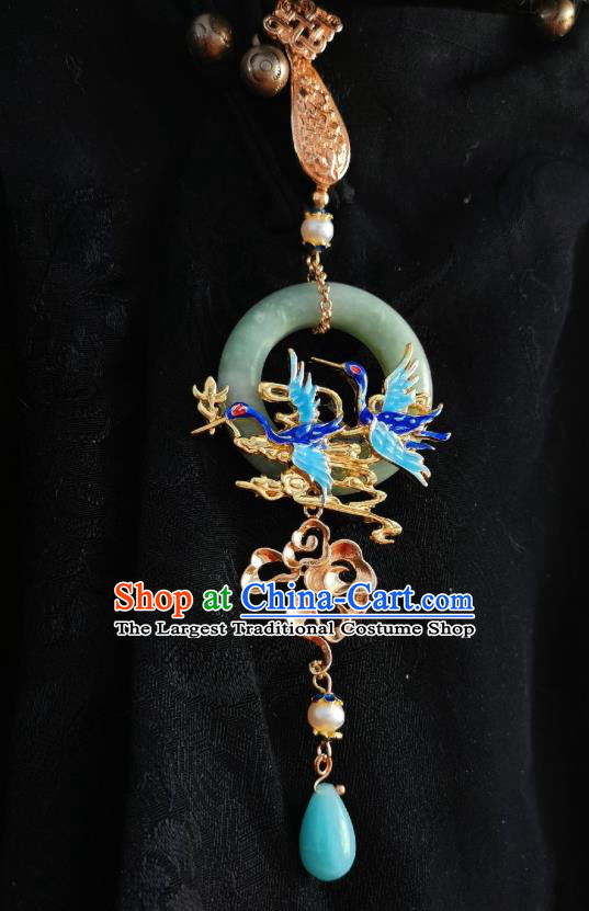 Chinese Classical Cloisonne Cranes Brooch Traditional Hanfu Cheongsam Accessories Handmade Jade Ring Tassel Breastpin Pendant for Women