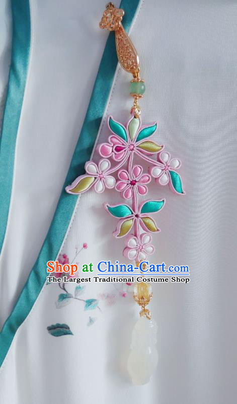 Chinese Classical White Jade Vase Brooch Traditional Hanfu Cheongsam Accessories Handmade Silk Flowers Breastpin Pendant for Women