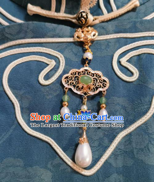 Chinese Classical Green Chalcedony Brooch Traditional Hanfu Cheongsam Accessories Handmade Blueing Lotus Breastpin Pendant for Women