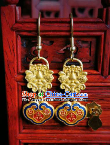 Chinese Handmade Qing Dynasty Blueing Lock Earrings Traditional Hanfu Ear Jewelry Accessories Classical Court Silver Eardrop for Women