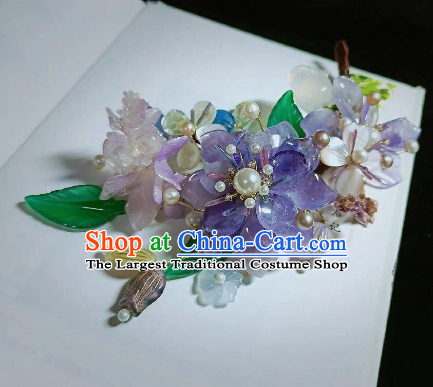 Handmade Chinese Amethyst Flowers Hair Stick Hairpins Traditional Hanfu Hair Accessories Ancient Court Hair Claw for Women