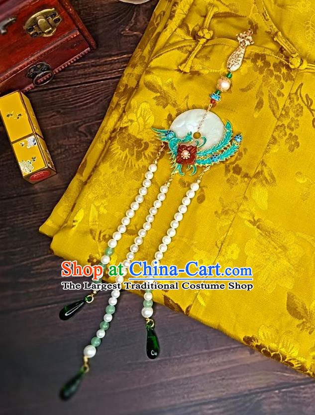 Chinese Classical Shell Brooch Traditional Hanfu Accessories Handmade Cheongsam Cloisonne Phoenix Breastpin Tassel Pendant for Women