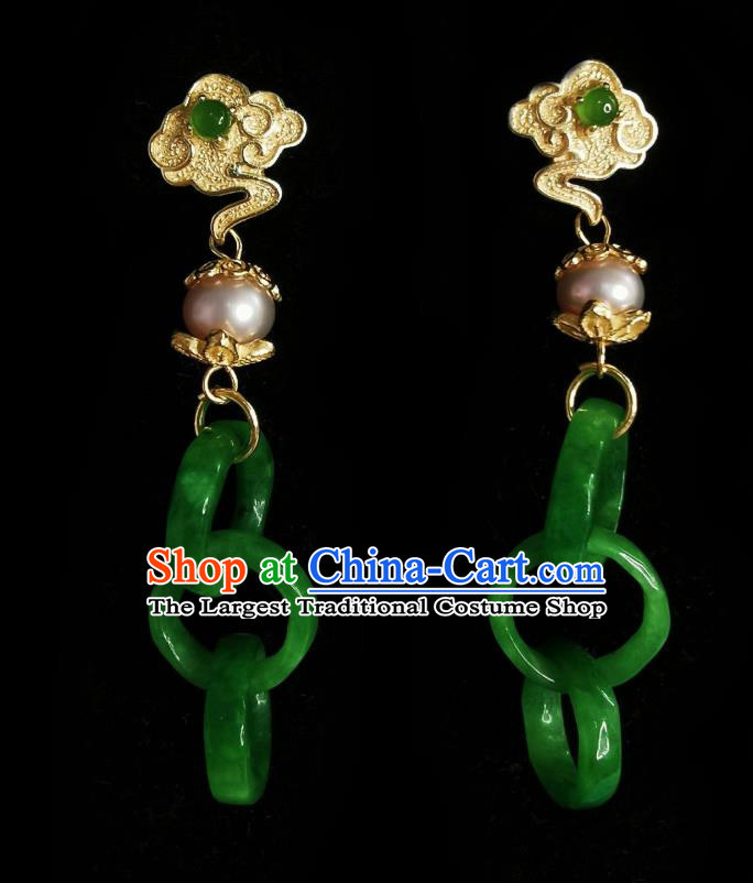 Chinese Handmade Court Golden Cloud Earrings Traditional Hanfu Ear Jewelry Accessories Classical Green Jade Rings Eardrop for Women