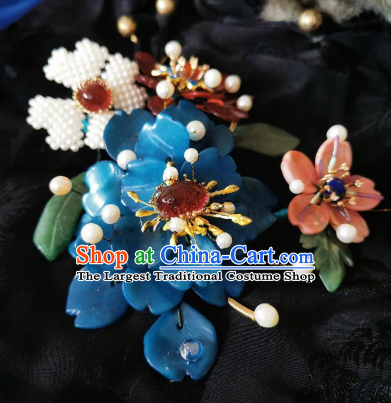 Handmade Chinese Agate Hairpins Traditional Hanfu Pearls Hair Accessories Ancient Qing Dynasty Court Flowers Hair Clip for Women