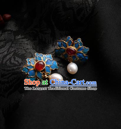 Chinese Handmade Qing Dynasty Blue Peony Earrings Traditional Hanfu Ear Jewelry Accessories Classical Pearl Eardrop for Women