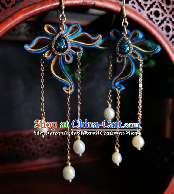 Chinese Handmade Green Stone Earrings Traditional Hanfu Ear Jewelry Accessories Classical Silk Flower Tassel Eardrop for Women