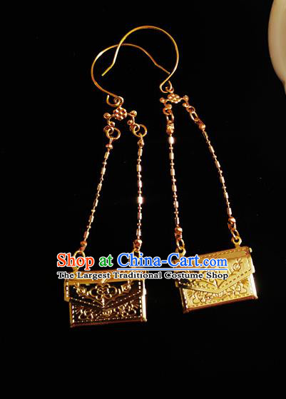 Chinese Handmade Court Earrings Traditional Hanfu Ear Jewelry Accessories Classical Qing Dynasty Golden Envelope Eardrop for Women