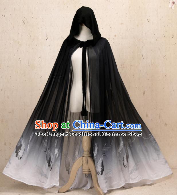 Traditional Chinese Hanfu Black Chiffon Cloak Ancient Costume Cape with Cap for Women