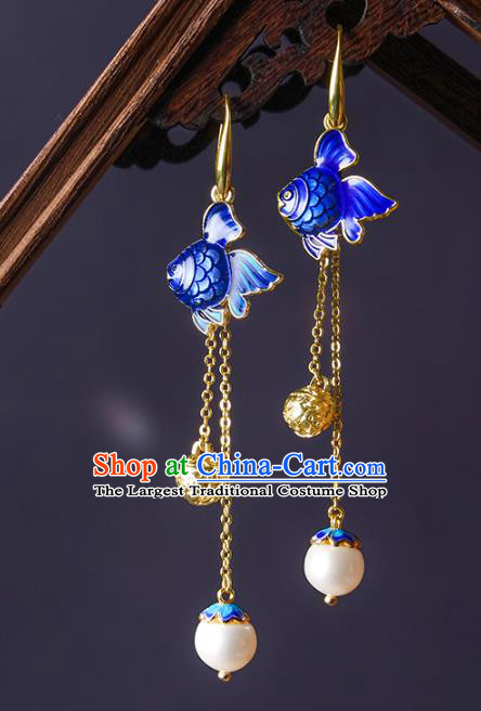 Traditional Chinese Blueing Goldfish Ear Accessories Handmade Eardrop National Cheongsam Golden Tassel Earrings for Women