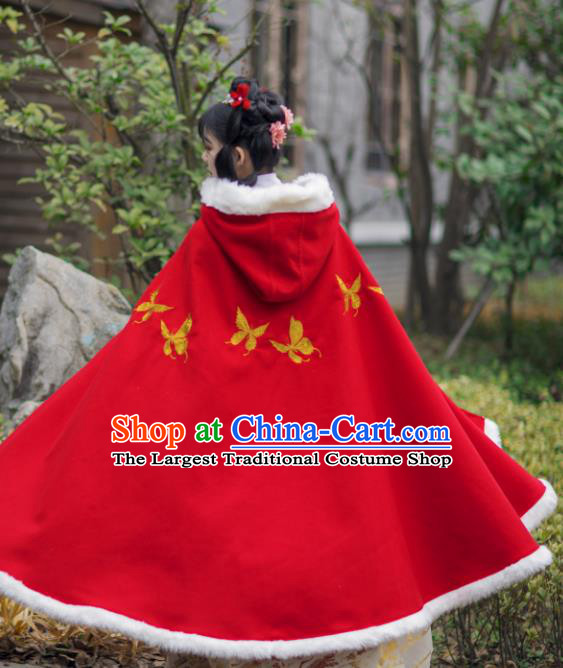 Traditional Chinese Hanfu Red Woolen Cloak Ancient Costume Winter Embroidered Butterfly Cape with Cap for Women