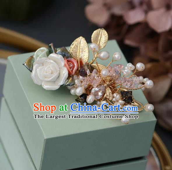 Handmade Retro White Rose Hair Claw Top Grade Hair Accessories Hair Stick Beads Hair Pin for Women