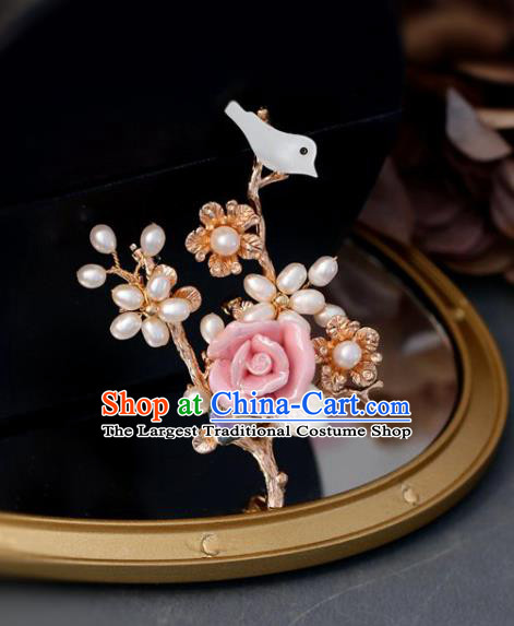 Top Grade Classical Pink Rose Bird Brooch Accessories Handmade Cheongsam Pearls Breastpin for Women