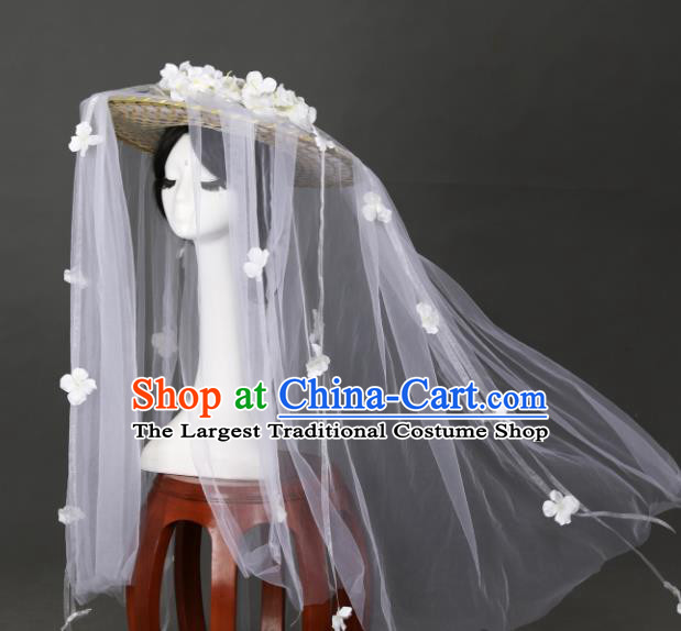 Chinese Traditional Ancient Goddess Princess Headwear Handmade Hanfu White Flowers Veil Bamboo Hat for Women