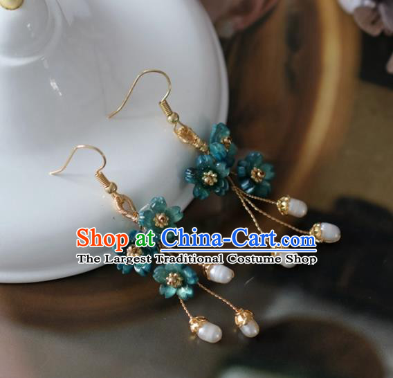 Princess Handmade Blue Flowers Earrings Classical Pearls Eardrop Fashion Jewelry Accessories for Women