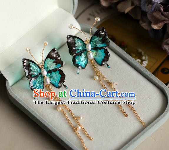 Princess Handmade Green Butterfly Earrings Fashion Jewelry Accessories Classical Pearls Tassel Eardrop for Women