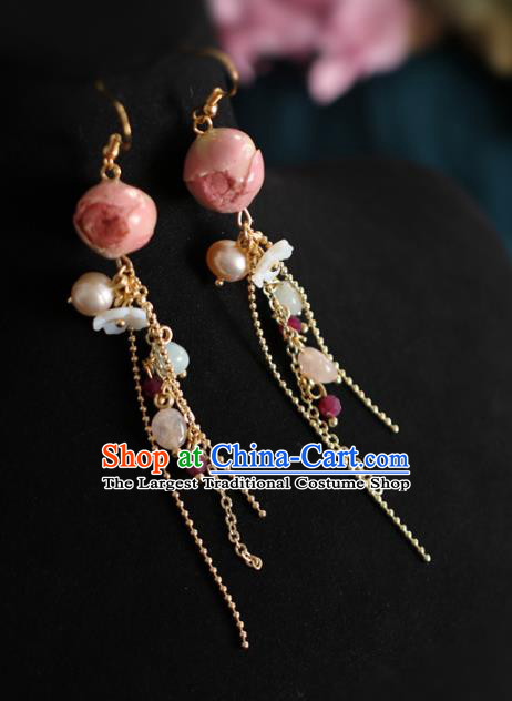 Princess Handmade Golden Tassel Earrings Fashion Jewelry Accessories Classical Pink Preserved Flower Eardrop for Women