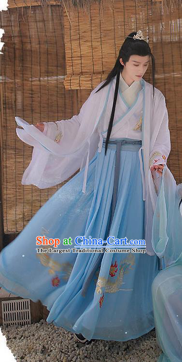 Chinese Ming Dynasty Young Swordsman Cloak Blouse and Skirt Traditional Hanfu Garment Ancient Noble Childe Historical Costumes for Men