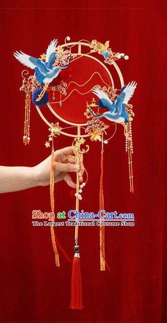 Top Grade Chinese Classical Wedding Cranes Plum Round Fan Accessories Handmade Ancient Bride Red Palace Fans for Women