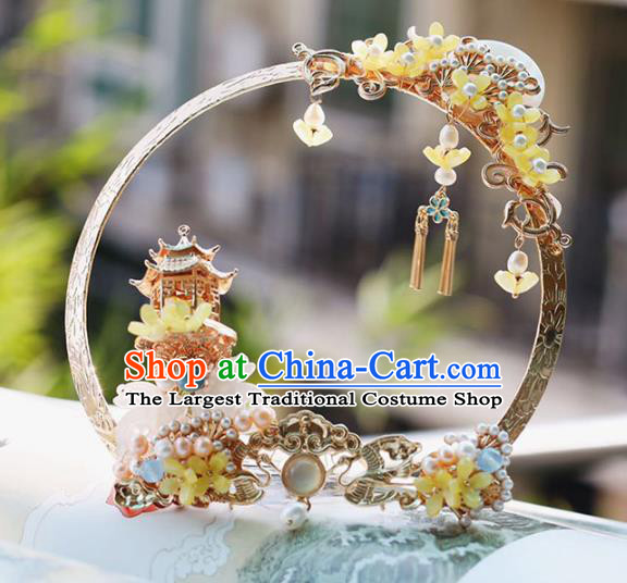 Handmade Chinese Palace Hair Crown Classical Hair Accessories Ancient Princess Hanfu Yellow Fragrans Hairpins Headwear for Women