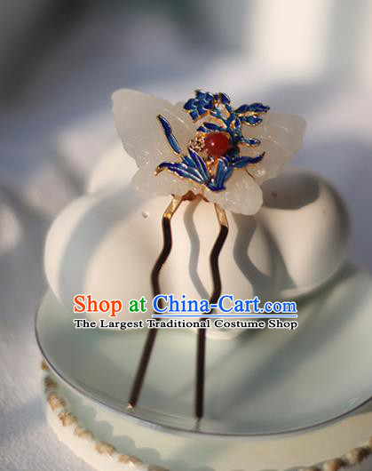 Handmade Chinese Classical Ming Dynasty Cloisonne Hair Accessories Traditional Hanfu Headwear Ancient Princess Jade Butterfly Hairpins for Women