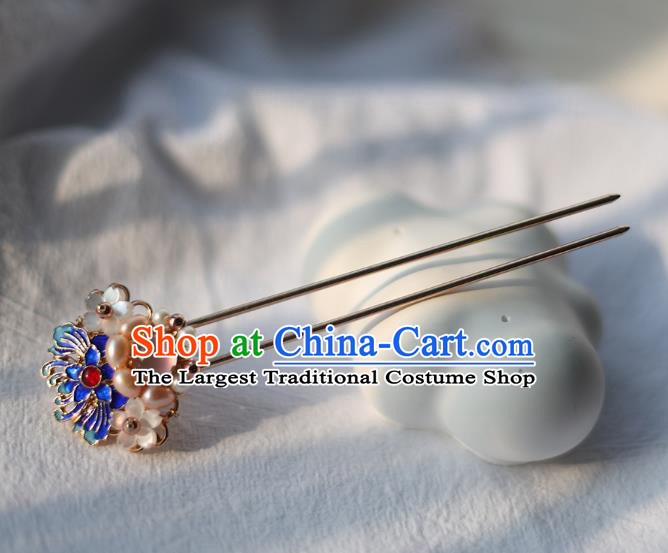 Handmade Chinese Classical Ming Dynasty Cloisonne Lotus Hair Accessories Traditional Hanfu Headwear Ancient Princess Pearls Hairpins for Women