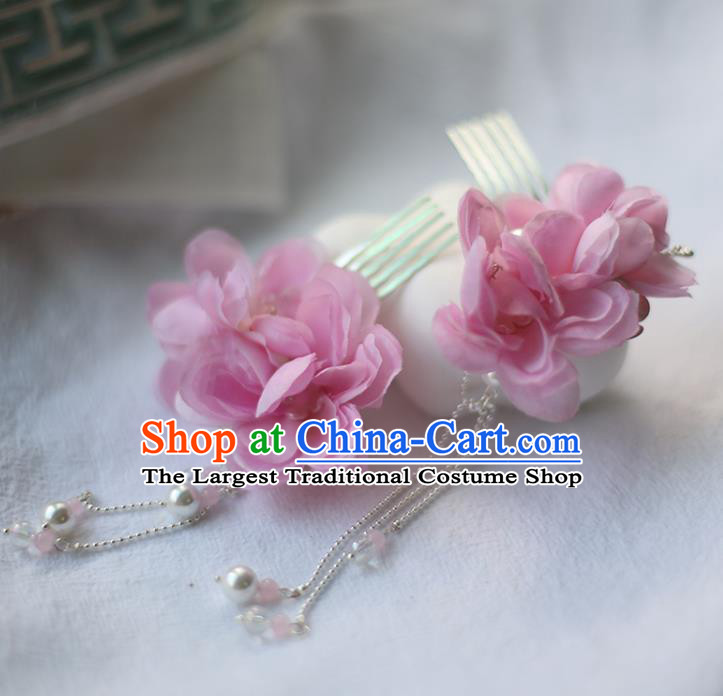 Handmade Chinese Pink Silk Flower Tassel Hair Combs Traditional Classical Hanfu Hair Accessories Ancient Princess Hairpins for Women