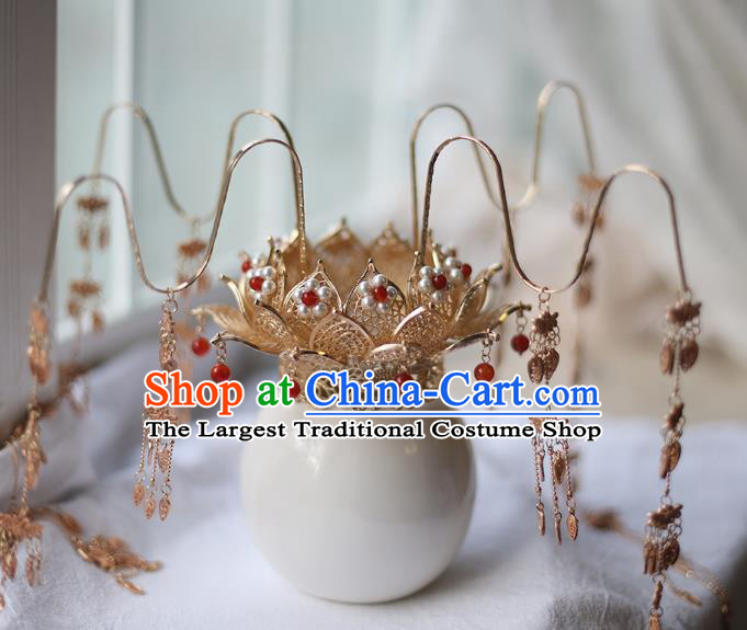 Chinese Classical Pearls Lotus Hair Crown Traditional Wedding Hanfu Hair Accessories Handmade Tassel Hairpins Complete Set