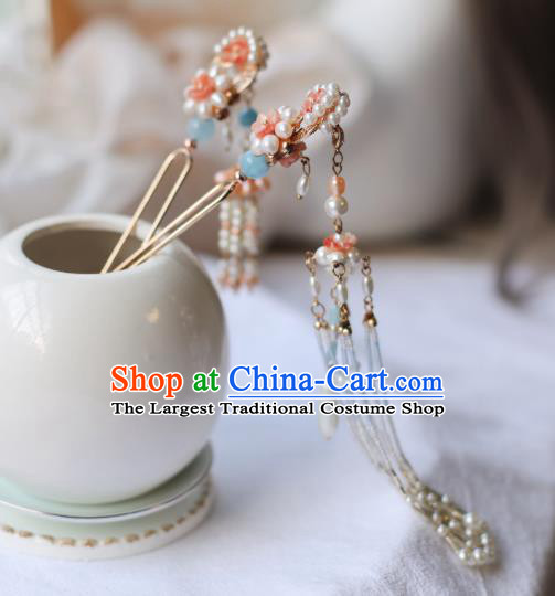 Handmade Chinese Pink Pearls Tassel Hair Clip Traditional Classical Hanfu Hair Accessories Ancient Song Dynasty Hairpins for Women