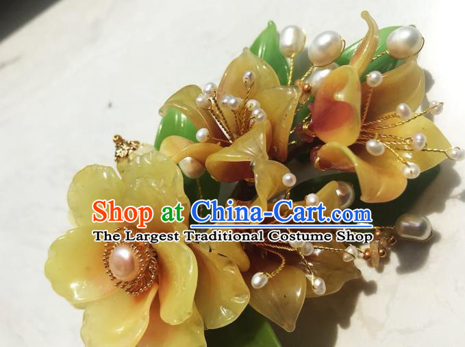 Handmade Chinese Court Pearls Hairpins Traditional Classical Hair Accessories Ancient Qing Dynasty Princess Yellow Flowers Hair Clip for Women