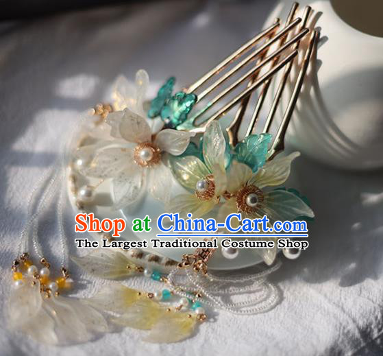 Handmade Chinese Flowers Tassel Hair Combs Traditional Classical Hanfu Hair Accessories Ancient Glass Hairpins for Women