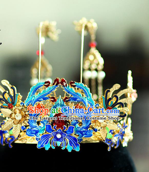 Chinese Classical Ming Dynasty Blueing Hair Crown Traditional Hanfu Hair Accessories Handmade Tassel Phoenix Coronet for Women